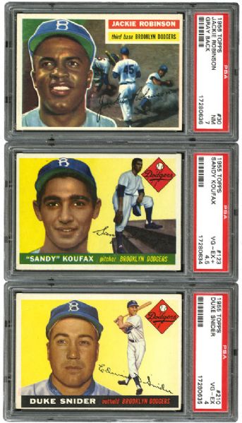 TRIO OF 1955-56 TOPPS BROOKLYN DODGERS HOFER KEY CARDS ALL PSA GRADED
