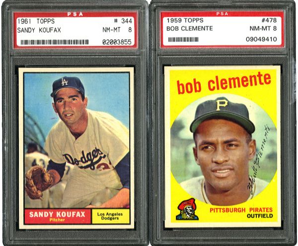 1959 TOPPS #478 BOB CLEMENTE AND 1961 TOPPS #343 SANDY KOUFAX - BOTH NM-MT PSA 8