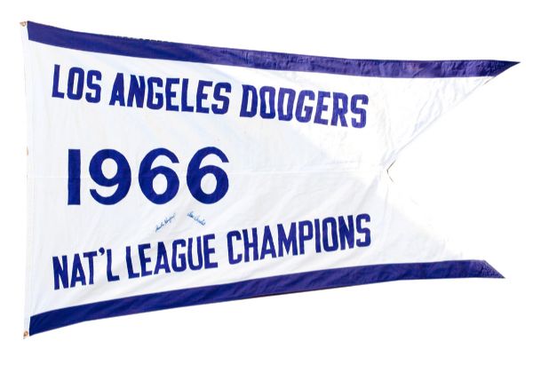 1966 LOS ANGELES DODGERS N.L. CHAMPIONS STADIUM FLAG SIGNED BY KOUFAX AND DRYSDALE