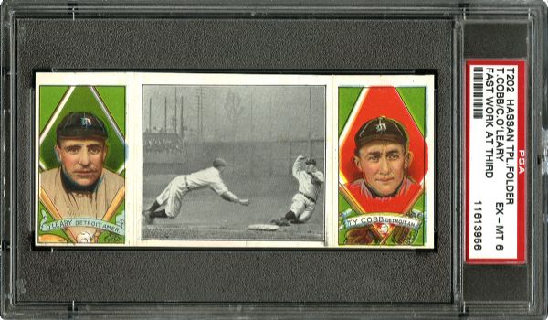 1912 T202 HASSAN TRIPLE FOLDER TY COBB/OLEARY "FAST WORK AT THIRD" EX-MT PSA 6 