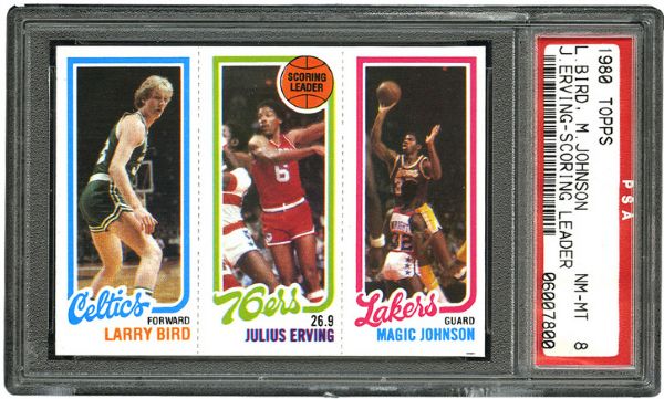 1980-81 TOPPS BASKETBALL #34 LARRY BIRD/#174 JULIUS ERVING/#139 MAGIC JOHNSON ROOKIE CARD NM-MT PSA 8