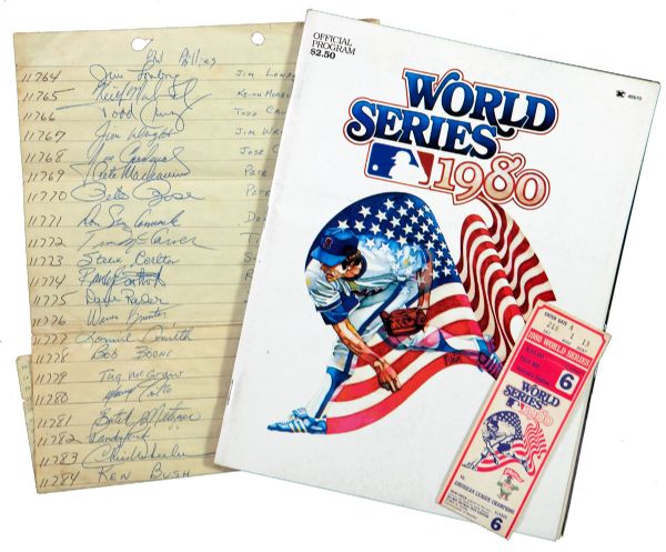 1980 WORLD SERIES PROGRAM, TICKET AND AUTOGRAPHED SHEET