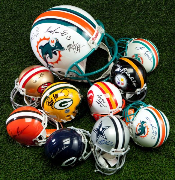 LOT OF (9) SIGNED FOOTBALL MINI HELMETS AND FULL SIZED DOLPHINS HELMET SIGNED BY DUPER/CLAYTON/MARINO