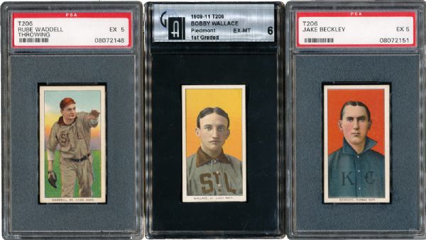 1909-11 T206 GRADED LOT OF 3 HALL OF FAMERS - RUBE WADDELL, JAKE BECKLEY AND BOBBY WALLACE