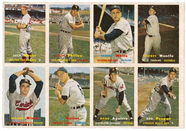 1957 TOPPS UNCUT PANEL OF 8 CARDS WITH MANTLE AND KALINE