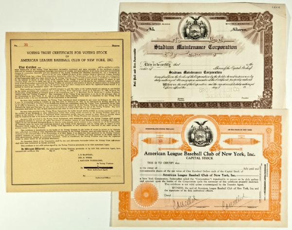 LOT OF 3 1930S- 40S NEW YORK YANKEES RELATED STOCK CERTIFICATES