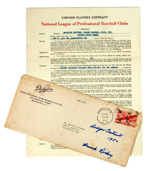 PEE WEE REESE 1950 SIGNED BROOKLYN DODGERS PLAYERS CONTRACT FROM REESE ESTATE