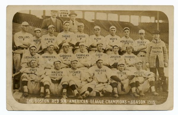 1915 AMERICAN LEAGUE CHAMPION BOSTON RED SOX REAL PHOTO POSTCARD WITH ROOKIE BABE RUTH