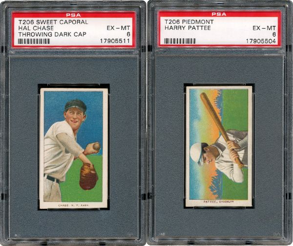 1909-11 T206 HAL CHASE (THROWING, DARK CAP) AND HARRY PATTEE - BOTH EX-MT PSA 6