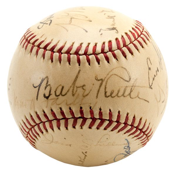 BASEBALL SIGNED BY INAUGURAL HOF INDUCTEES RUTH, COBB, WAGNER, SPEAKER, COLLINS PLUS OTHERS