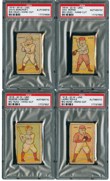 1916-20 W-UNC "BIG HEAD" STRIP CARD LOT OF 4 INCLUDING HORNSBY AND BANCROFT