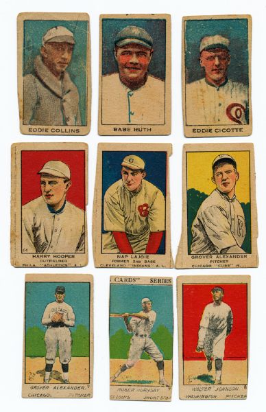 CIRCA 1920 STRIP CARD LOT OF 11 HALL OF FAMERS INCLUDING RUTH, ALEXANDER(2), JOHNSON, LAJOIE, HORNSBY PLUS EDDIE CICOTTE