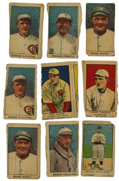 CIRCA 1920 STRIP CARD LOT OF 77 WITH RUTH(2) AND OTHER HALL OF FAMERS