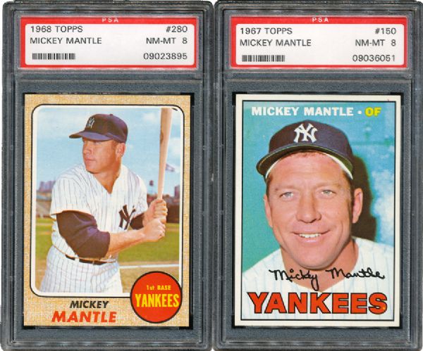 1967 TOPPS #150 MICKEY MANTLE AND 1968 TOPPS #280 MICKEY MANTLE - BOTH NM-MT PSA 8