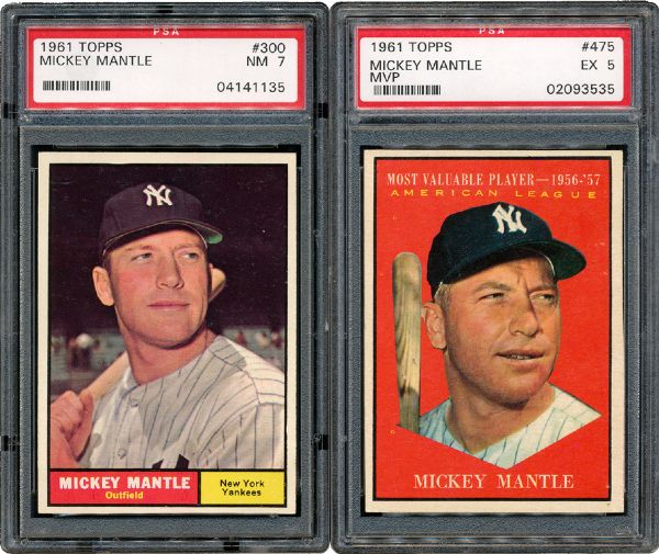 1961 TOPPS #300 MICKEY MANTLE NM PSA 7 AND #475 MICKEY MANTLE MVP EX PSA 5