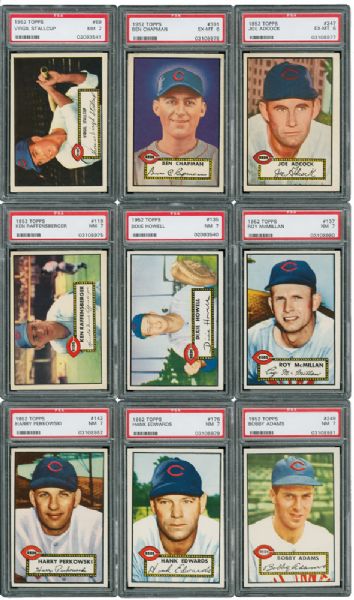 1952 TOPPS CINCINNATI REDS NM PSA 7 GRADED LOT OF (7) PLUS (2) EX-MT PSA 6 HIGH NUMBERS INCLUDING ADCOCK