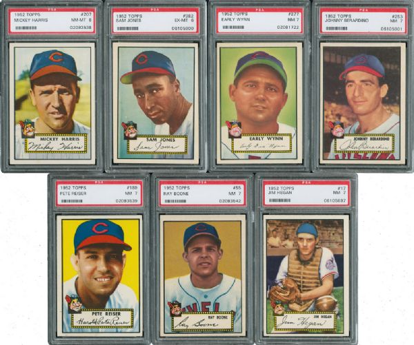 1952 TOPPS CLEVELAND INDIANS PSA GRADED LOT OF 7 INCLUDING EARLY WYNN AND SAM JONES
