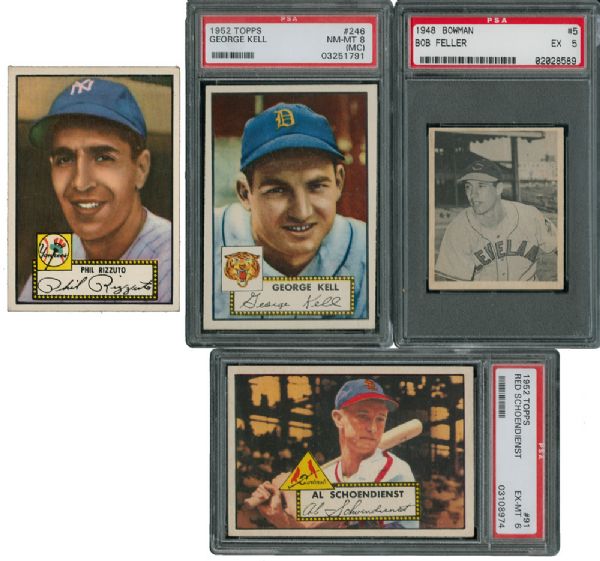 1948 BOWMAN BOB FELLER ROOKIE PLUS 3 1952 TOPPS HALL OF FAMERS - RIZZUTO, KELL AND SCHOENDIENST