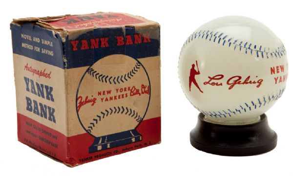 1930S LOU GEHRIG AND BILL DICKEY NEW YORK YANKEE SOUVENIR BANK WITH BOX