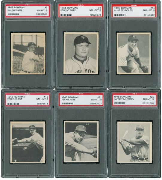 1948 BOWMAN BASEBALL NM-MT PSA 8 LOT OF 6 INCLUDING KINER AND MIZE