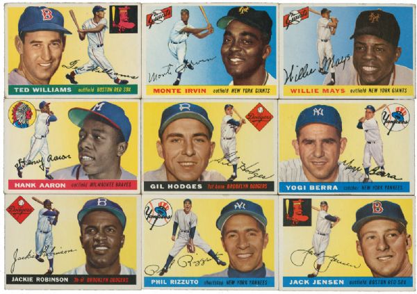 1955 TOPPS BASEBALL LOT OF 108 WITH MAYS, WILLIAMS, AARON, ROBINSON, BERRA, RIZZUTO AND OTHER HALL OF FAMERS