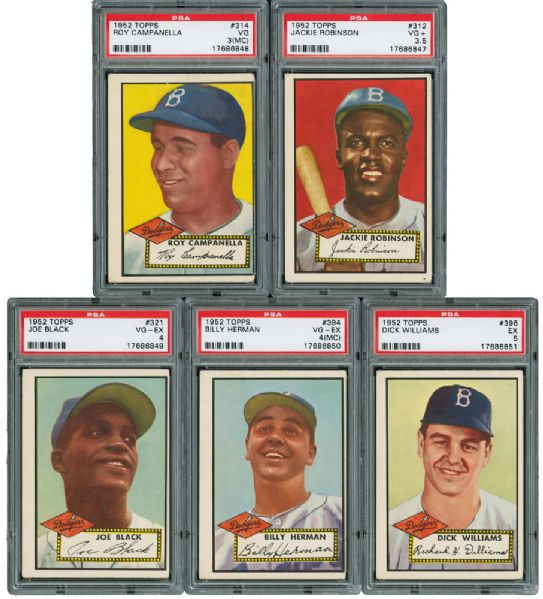 1952 TOPPS PSA GRADED BROOKLYN DODGER HIGH NUMBER LOT OF 5 WITH ROBINSON AND CAMPANELLA