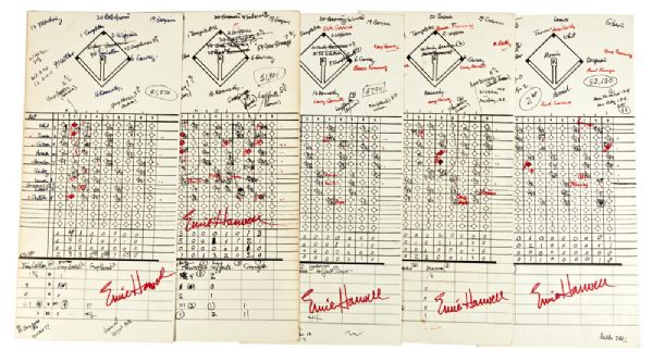 ERNIE HARWELLS GAME USED AND AUTOGRAPHED SET OF 5 SCORECARDS FROM EACH GAME OF THE 1984 WORLD SERIES
