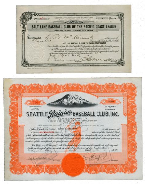 1916 SALT LAKE CITY AND 1939 SEATTLE RANIER PCL STOCK CERTIFICATES