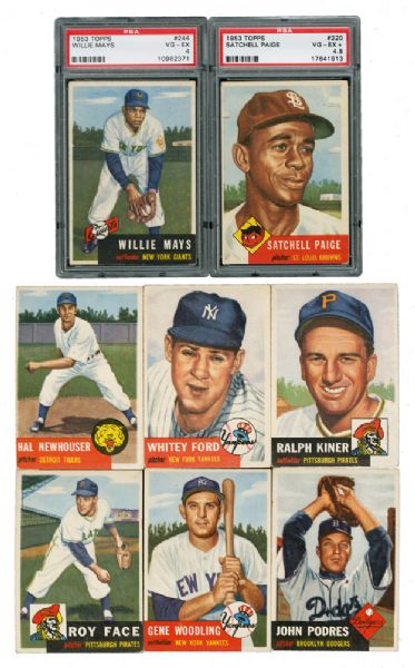 1953 TOPPS BASEBALL LOT OF 141 WITH MAYS, PAIGE, AND 50 HIGH NUMBERS