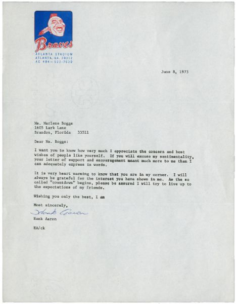 JUNE 8TH, 1973 HANK AARON TYPED SIGNED LETTER ON ATLANTA BRAVES LETTERHEAD REFERENCING PURSUIT OF RUTHS HR RECORD
