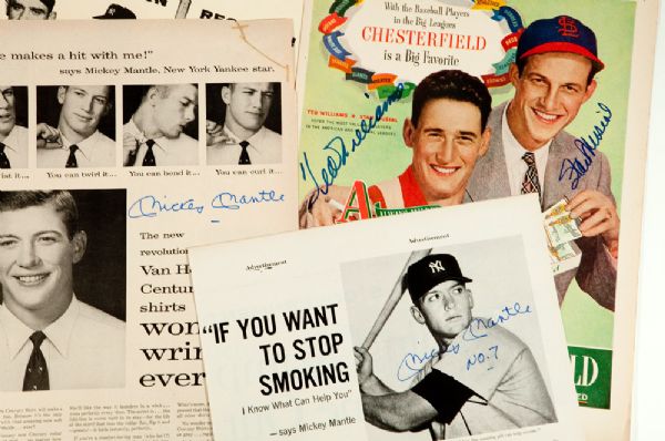 1940S-50S SIGNED MAGAZINE AD LOT OF 3 BY MICKEY MANTLE (2), TED WILLIAMS AND STAN MUSIAL PLUS MORE