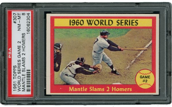 1961 TOPPS #307 WORLD SERIES GAME 2 - MANTLE SLAMS 2 HOMERS NM-MT PSA 8