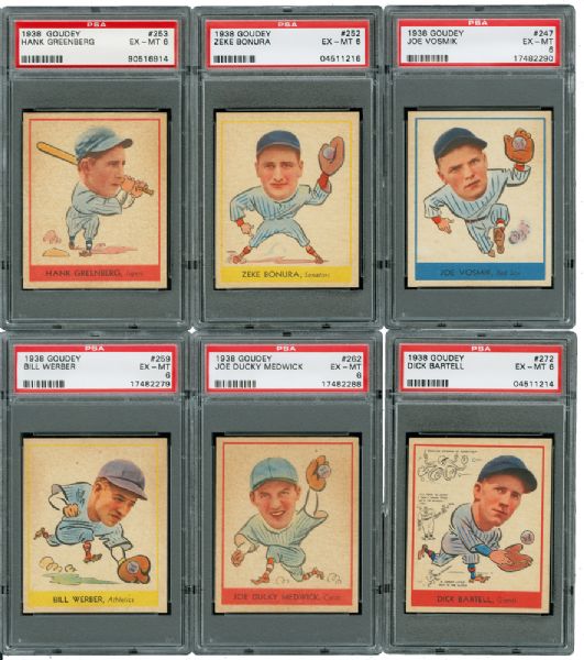 1938 GOUDEY HEADS-UP BASEBALL EX-MT PSA 6 LOT OF 6 INCLUDING GREENBERG AND MEDWICK