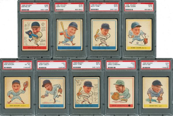 1938 GOUDEY HEADS-UP BASEBALL EX PSA 5 LOT OF 9 INCLUDING FELLER, FOXX, AND LOMBARDI