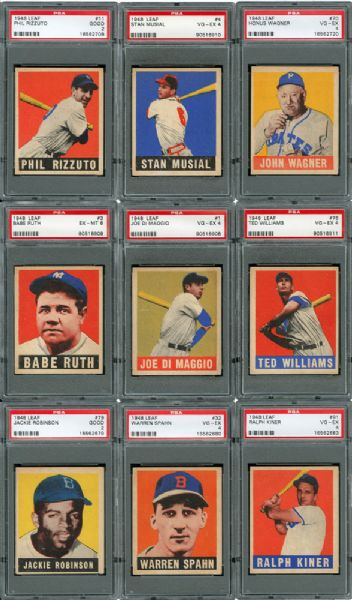 1948 LEAF BASEBALL PSA GRADED LOT OF 46 INCLUDING DIMAGGIO, RUTH, MUSIAL, WILLIAMS, ROBINSON, WAGNER