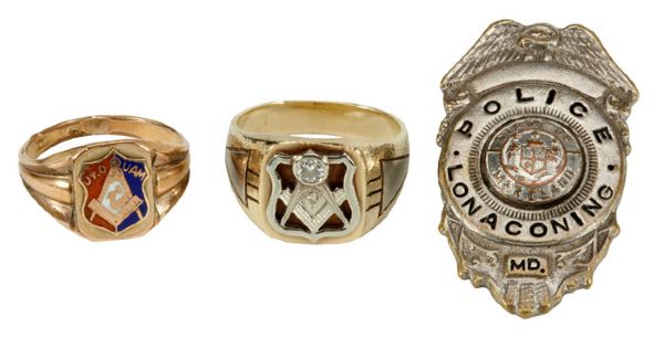 PAIR OF LEFTY GROVES MASONIC RINGS AND A LONACONING POLICE BADGE FROM THE LEFTY GROVE ESTATE