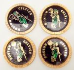 RED AUERBACHS SET OF (4) BOSTON CELTICS GLASS AND METAL COASTERS