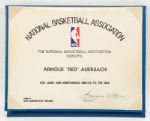 RED AUERBACHS MERITORIOUS SERVICE CERTIFICATE PRESENTED BY THE NBA ON ITS 35TH ANNIVERSARY
