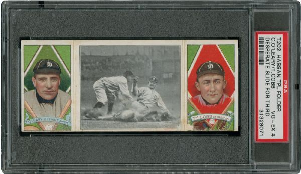 1912 T202 HASSAN TRIPLE FOLDER OLEARY/TY COBB "A DESPERATE SLIDE FOR THIRD" VG-EX PSA 4
