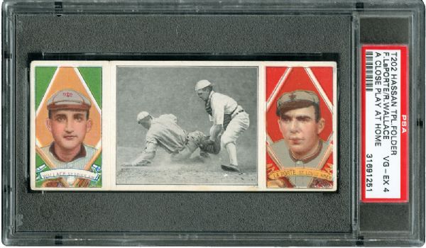 1912 T202 HASSAN TRIPLE FOLDER LAPORTE/BOBBY WALLACE "A CLOSE PLAY AT HOME" VG-EX PSA 4