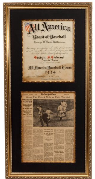 BABE RUTH SIGNED ALL AMERICAN BOARD OF BASEBALL CERTIFICATE ISSUED TO MICKEY COCHRANE DATED SEPT. 8, 1934