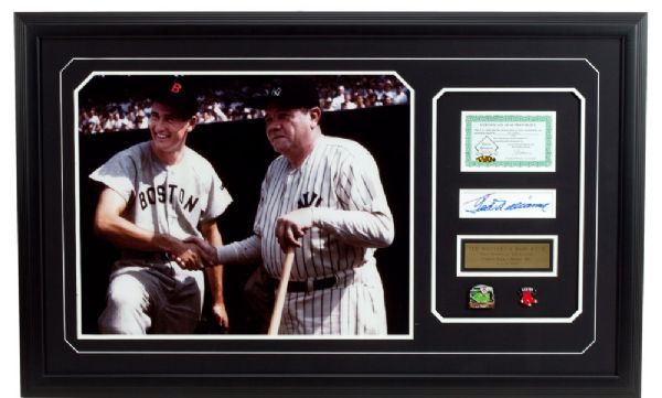 TED WILLIAMS SIGNED CUT SIGNATURE FRAMED WITH 16X20 PHOTO OF WILLIAMS AND BABE RUTH
