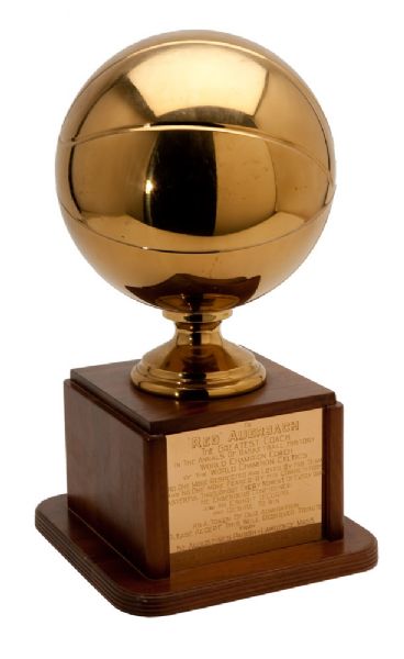 RED AUERBACHS 1963 "GREATEST COACH IN BASKETBALL HISTORY" TROPHY FROM ST. AUGUSTINES PARISH