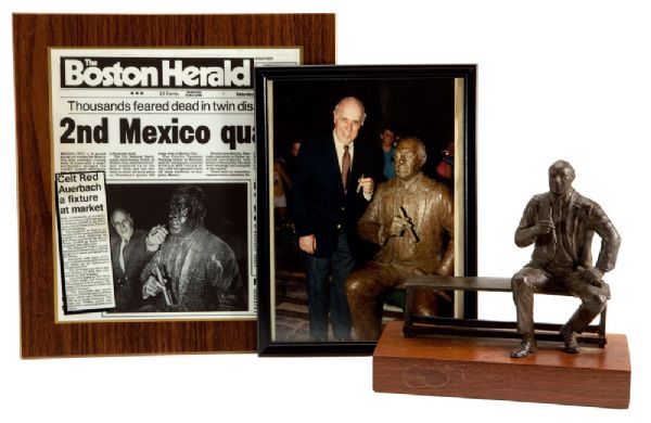 RED AUERBACHS MINIATURE BRONZE REPLICA OF STATUE IN BOSTONS FANUEIL HALL (ALSO RED AUERBACH NBA COACH OF THE YEAR TROPHY) WITH RELATED PHOTOS