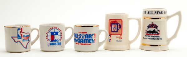 RED AUERBACHS GROUP OF (5) 1970S-80S NBA ALL-STAR GAME COFFEE MUGS