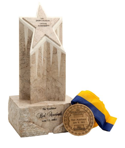 RED AUERBACHS 2003 LIFETIME ACHIEVEMENT MARBLE AWARD AND MEDAL FROM THE SPORTS MUSEUM