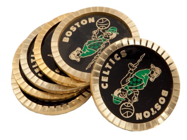 RED AUERBACHS SET OF (6) BOSTON CELTICS GLASS AND METAL COASTERS