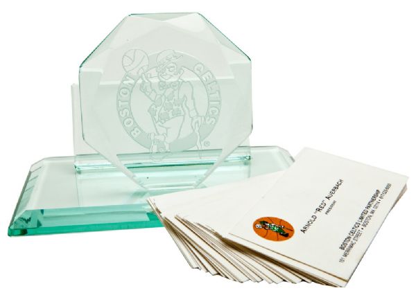 RED AUERBACHS ETCHED CRYSTAL BOSTON CELTICS BUSINESS CARD HOLDER WITH 30 OF HIS PERSONAL BUSINESS CARDS