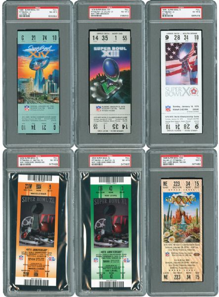 LOT OF 10 PITTSBURGH STEELERS SUPER BOWL TICKETS WITH COLOR VARIATIONS - ALL PSA GRADED