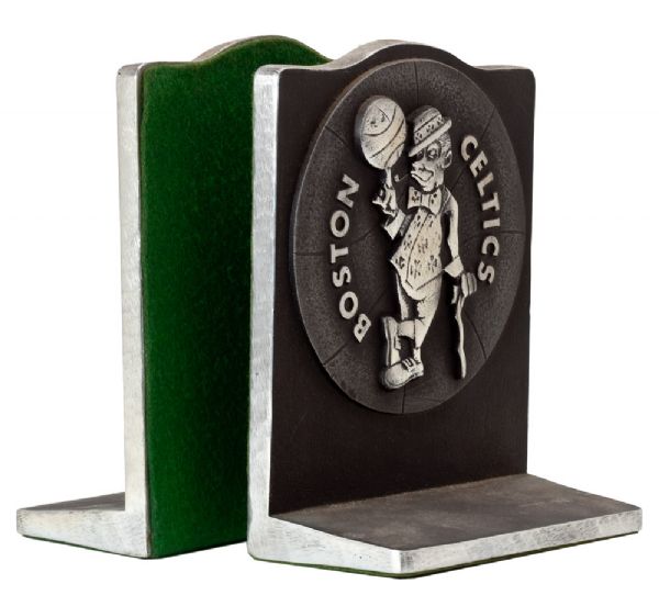 RED AUERBACHS PAIR OF PEWTER BOSTON CELTICS BOOKENDS FROM HIS BOSTON OFFICE